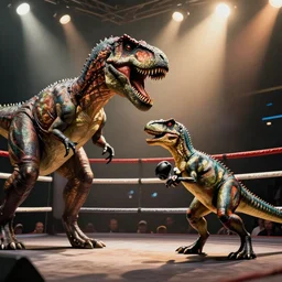 a tyrannosaur versus a velociraptor during a boxing match, manga style