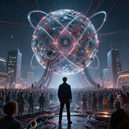dyson sphere program, by greg rutkowski, by rhads, by jesper ejsing, so many wires, sharp focus, man standing, colony, atom, crowd, city