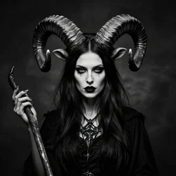 portrait of a scandinavian undead witch female with animal horns ram, satanic kvlt by peder balke by peder balke by greg rutkowski, by guido crepax by norman bluhm mystic high contrast monochromatic noir