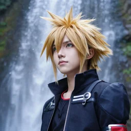 kingdom hearts sora cosplay near waterfall photo photography low angle detailed face 85mm