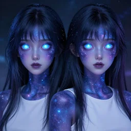 A realistic anime portrait of a beautiful cosmic twins with glowing void eyes and cosmic skin wearing clothes made of galaxies, digital painting, by Stanley Artgerm Lau, Sakimichan, WLOP and Rossdraws, digtial painting, trending on ArtStation, SFW version