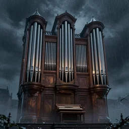 A highly detailed matte painting of a twisted pipe organ in a storm at night, fog, rain, volumetric lighting, imax render, 8K resolution, trending on artstation, style of alan lee and john howe