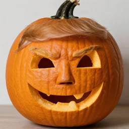 donald trump face inside a pumpkin, pumpkin hair, pumpkin head, face, pumpkin