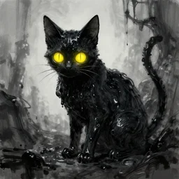 a digital painting of lovecraftian ink slime cat with yellow glowing eyes