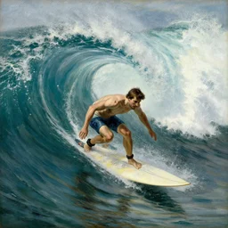 mech surfing on a big wave, artstation, by camille corot, by pieter bruegel the elder, painting