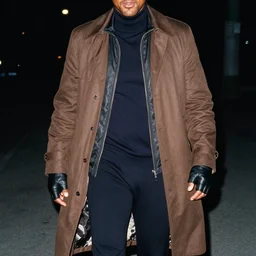 will smith wearing running pants, a turtleneck, a zip up windbreaker, a brown coat and fingerless black gloves, photo, film grain
