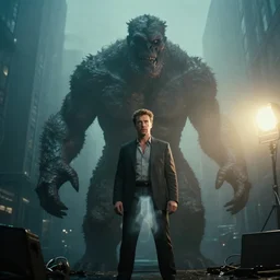 film footage of pierce brosnan as giant monster in a foggy city, eerie, 8 k, 8 5 mm f 1. 8, studio lighting, rim light, right side key light