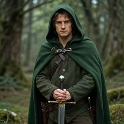 a portrait of a handsome hobbit rogue wearing a dark green hood and a cloak in the forest, wearing adventure gear, holding a sword, ultra realistic, detailed, masterpiece, short hair cut, clean shaven, by Tony Sart and Randy Vargas and Greg Rutkowski, trending on ArtStation