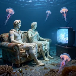 underwater photograph of ancient greek statues sitting on a rotting couch watching tv, elegant jellyfish, exploration, national geographic, volumetric lighting