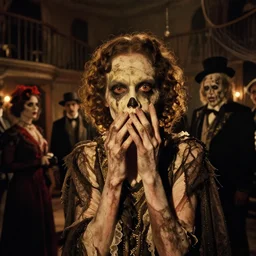 photorealistic color macro cinematography of a creepy 1 9 2 0's halloween party inside the elstree studios set for the shining's overlook hotel shot on 3 5 mm eastman 5 2 4 7 film by the shining cinematographer john alcott shot on a wide kinoptik tegea 9. 8 mm lens. with golden ratio composition