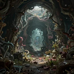 portal into a psychotic and unstable dimension, vivid, hyper detailed, chaotic, bizarre, insane, digital art,