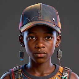 vfx art - portrait of a nigerian boy wearing a baseball cap with wires and computer chips dangling from inside, art style by james jean, character concept art, digital illustration, colourful, sharp, intricate detail, volumetric light, ray tracing, symmetric, unreal engine render, behance, artstation, pinterest,