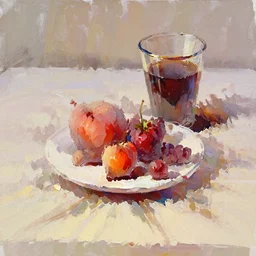 breakfast with berries and coffee, oil painting, glassware, thick strokes, vibrant, colorful, reflections, subsurface scattering, sharp edges, hazy, field of view