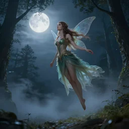 attractive fairy goddness fly high in the night, d & d, fantasy, mist, full moon in background, trees, hyper detailed, art by artgerm and greg rutkowski and magali villeneuve, midium shot, 8 k realistic, cryengine, digital painting, trending on artstation, concept art, sharp focus, illustration,