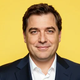 a suturereal portrait of a man with a heavy look and a light smile, in a suit from raf jan simons, perfect facial proportions, smooth skin, bright background color, golden ratio, clear perspective, perfect composition, dramatic, 8 k