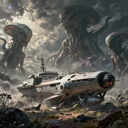 the land reclaims a crashed space frigate, alien life, in the style of James Chadderton, ectoplasm, giant creatures roam, natural lighting, low angle camera, unreal engine