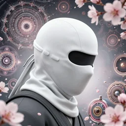 a headshot of a ninja wearing a cowl!!!!, offset in the frame, surrounded by fractals and mandalas and cherry blossoms and hadron collider technology and metal gears and swirling bioluminescent energy!!!!!!!!!, art by peter mohrbacher and dan mumford, 8 k octane render, hyperrealistic, zbrush, cinema 4 d