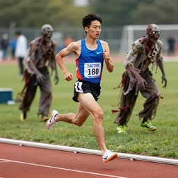photograph of an male runner athlete being chased by Zombies in the background. Track and field event. DSLR Photography