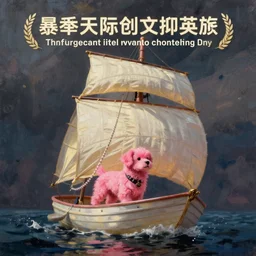 painting of a pink dog sailing a boat