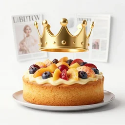 the nuttiest fruitcake 🥮 fresh from the oven, a separate gold crown 👑 above it, glossy magazine art