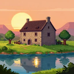 a medieval stone house near a river at sunset, pixel art style, HD, cartoon, high quality, sun reflection on the water, beautiful