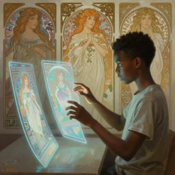digital painting of black teenager manipulating three dimensional holographic screens in the metaverse as seen on artgerm, octane render, in the style of alphonse mucha, ultra realistic, highly detailed, 8 k, by wlop, james jean, victo ngai! muted colors, very detailed, art fantasy by craig mullins, thomas kinkade