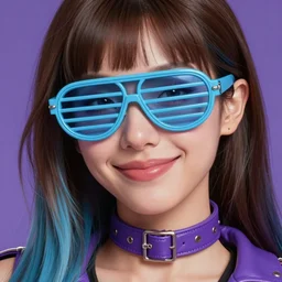closeup painting of a very beautiful young mexican cyberpunk woman with a smirk, wearing light blue shutter shades and a purple leather collar, one side haircut, long brown hair with light blue ends, portrait, hyperdetailed, artstation, cgsociety, 8 k, synthwave by tangerine dream