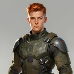 Portrait of a man by Greg Rutkowski, he is about 30 years old, short copper hair, attractive, military composure, younger brother vibes, he is wearing futuristic military fatigues, cool uncle vibes, highly detailed portrait, digital painting, artstation, concept art, smooth, sharp foccus ilustration, Artstation HQ.
