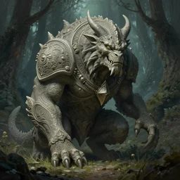 a stone monster in a mysterious forest, D&D, fantasy, intricate, elegant, highly detailed, digital painting, artstation, concept art, matte, sharp focus, illustration, hearthstone, art by Artgerm and Greg Rutkowski and Alphonse Mucha