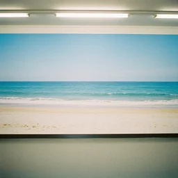 color film still, a large wall with the beach painted on it. floor, fluorescent lights ; alien 2 ( 1 9 8 6 )