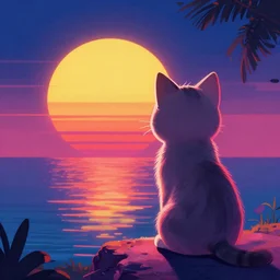 kitten watching retrowave vintage sunset, big round sun, synthwave, neon, digital painting, artstation
