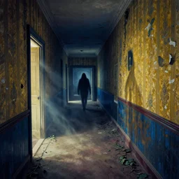 in this ominous scene, we see a long twisting corridor leading to a door with light spilling beneath it, a mysterious ghostly figure passes through old wallpaper, art by bernie wrightson, foreboding, creepy, dusty, abandoned, colorful, blue and gold color scheme, masterpiece, vines on the floor, clear silhouette, yellowing wallpaper