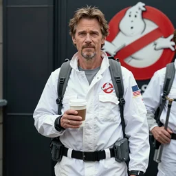 willem dafoe in a ghostbusters uniform waiting in line to order coffee
