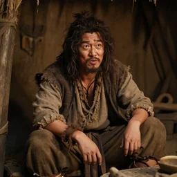 a intelligent, cunning, playful  peasant man, wholooks similar to Kim Sang-Joong, sits in a peasant hut. High detail, photorealistic, cinematic lighting, brown tones, atmospheric,  fantasy concept art by Artur Mósca, Craig Wylie, Daniel Gerhartz