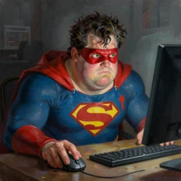 a insanely detailed painting of a chubby unkempt masked superhero wearing a costume staring at the computer nervously and clicking on the mouse in the style of peter mohrbacher, dramatic lighting and composition, trending on artstation, concept art, comic book