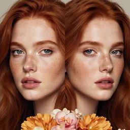 dream symmetrical portrait of a woman , close-up, high sharpness, zeiss lens, fashion photo shoot, flowers, red hair, freckles, Annie Leibovitz and Steve McCurry, David Lazar, Jimmy Nelsson, artistic, hyper-realistic, beautiful face, octane rendering