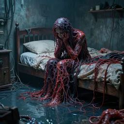rgb, sadness, bedroom full of water, sadness, cinematic, movie scene, inspired by zdzislaw beksinski, clothes made out of veins,, cables everywhere, bedroom, ultra realistic, concept art, intricate details, highly detailed, photorealistic, octane render, 8 k