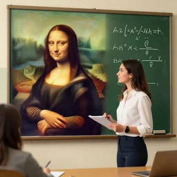 painting of a young female college professor standing in class teaching calculus, looks like mona lisa ， bright colors, unreal engine 5 highly rendered, global illumination, radiant light, detailed and intricate environment
