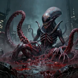 tokyo invaded by bloody alien tentacle flesh. A giant alien carcass lay in the middle, by Zdzislaw Belkinski , digital art, surreal, horror, HD, 8K
