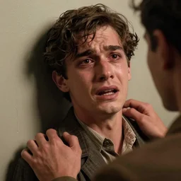 Close-up of an utterly terrified young man on the verge of panic tears with long hair cornered with his back against a wall. He is wearing a 1930s attire. He looks utterly panicked and distressed and is trying to protect himself from an assailant. Looking straight at camera