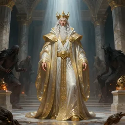 a portrait of a cyclops druid in shining wizard robes in a large marble temple surrounded by shadowy figures!! made of embers!!, fantasy, intricate, elegant, highly detailed, digital painting, matte, sharp focus, illustration, god rays, art by john collier and albert aublet and krenz cushart and artem demura and alphonse mucha