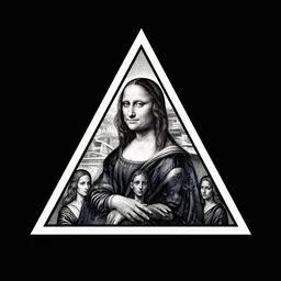 triangle logo with people inside in the style of Leonardo da Vinci, black background
