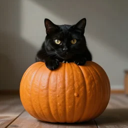 a singular black cat resting on top of a pumpkin, simple, cute