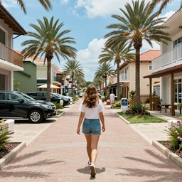 color photograph footage, view from behind, a woman walking on the vacation districts