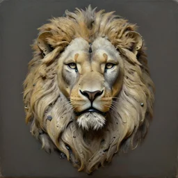 a perfectly centered symmetrical portrait of a biomechanical lion, conceptual sculpture, intricate detail, volumetric shadows and lighting, realistic oil painting by tim hildebrandt,