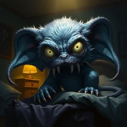 cute cthulhu, scary, furry, big eyes, sharp teeth, dark, dramatic lighting, pixar bedroom scene, cinematic, highly detailed, highly realistic painting by ruan jia and artgerm and range murata and wlop and beeple
