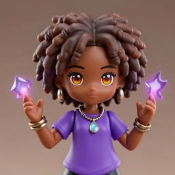 black girl african american nendoroid, teen black girl with curly brown hair and amber eyes wearing purple t shirt, african american, jewelry and magic powers by loish, african american girl, dark brown skin