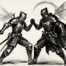 A Dark Knight fighting Alexander Prime from Final Fantasy XIV, Drawn in Yoshitaka Amano Style