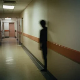 decrepit hospital hallway, blurry shadow figure peeking through a corner, craigslist photo