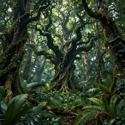 forest landscape, magical jungle, artwork trees, huge scene, high detail, amazing nature, volumetric, concept art, scary fairy tale mystical forest, vivid, twisted creepy trees, beautiful, trending on artstation, fairy tale, fantasy, cinematic view, detailed, epic foliage